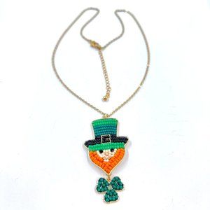 NWOT - Belk - Seed Bead Encrusted Leprechaun & Shamrock Gold Tone Necklace
